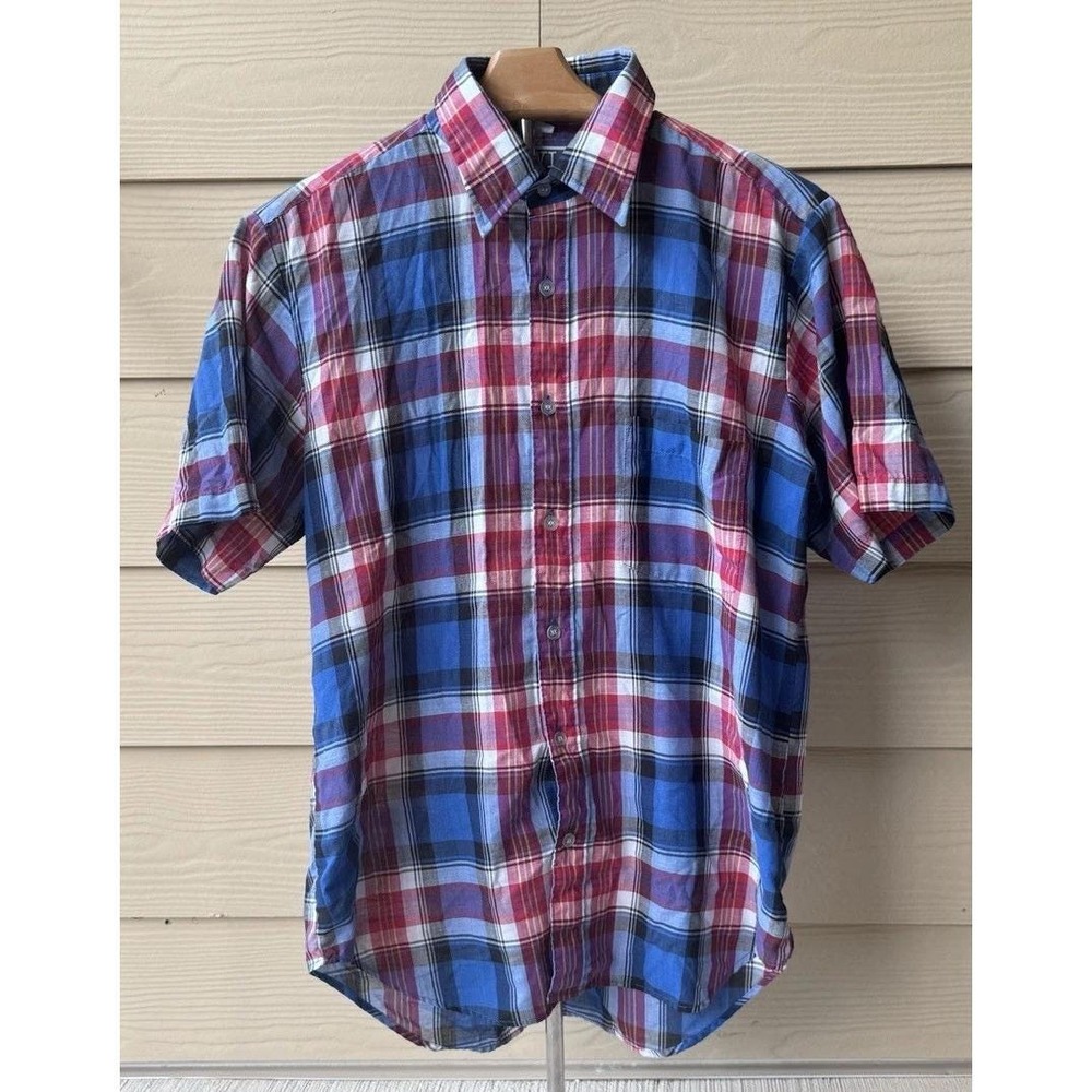 Mens Wear International Button Up Shirt Medium Blue Red White Plaid Short Sleeve